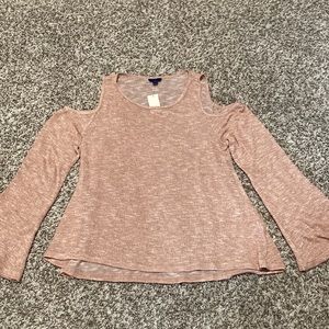 Blush Shimmering Open Shoulder Long Sleeve Top